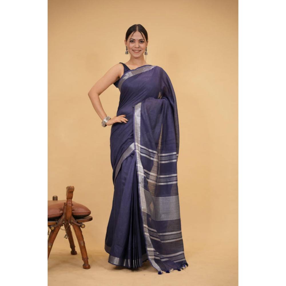 Isadora Life Womens Woven Tassels Grey Pre-Draped Saree With Unstitched Blouse