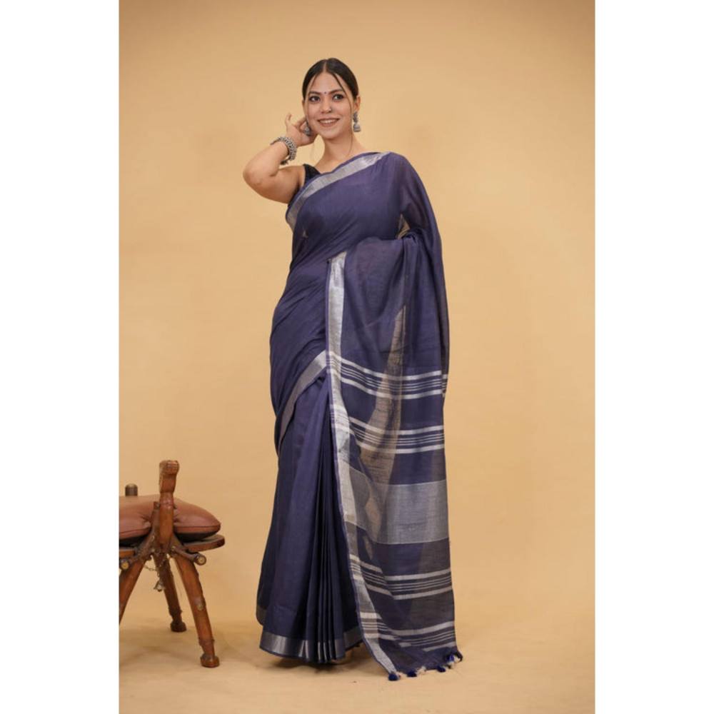 Isadora Life Womens Woven Tassels Grey Pre-Draped Saree With Unstitched Blouse