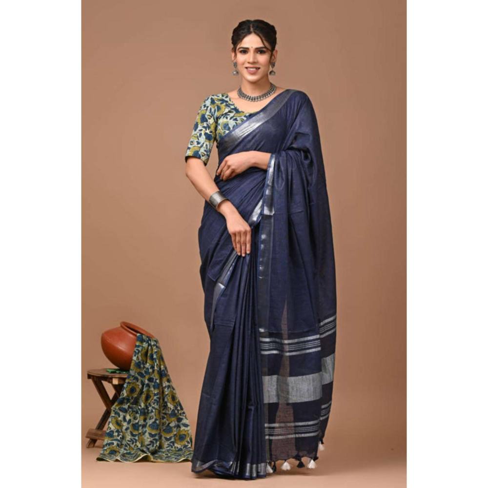 Isadora Life Womens Woven Tassels Grey Pre-Draped Saree With Unstitched Blouse