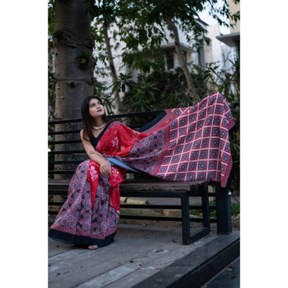 Isadora Life Womens Floral Printed Red Pre-Draped Saree With Unstitched Blouse