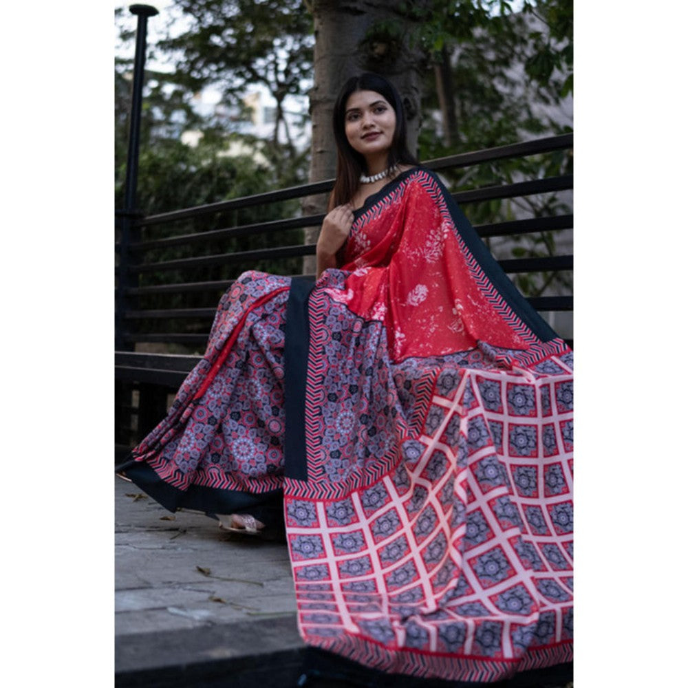 Isadora Life Womens Floral Printed Red Pre-Draped Saree With Unstitched Blouse