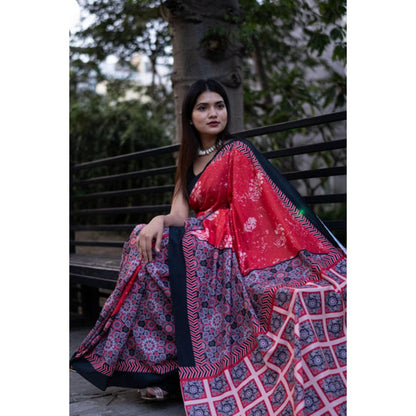 Isadora Life Womens Floral Printed Red Pre-Draped Saree With Unstitched Blouse