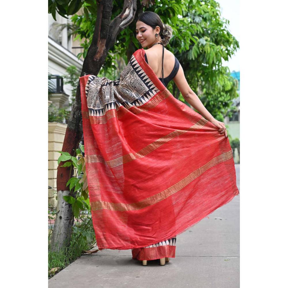 Isadora Life Womens Printed Multi-Color Pre-Draped Saree With Unstitched Blouse