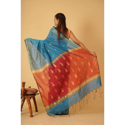 Isadora Life Womens Paisley Tassels Blue Pre-Draped Saree With Unstitched Blouse