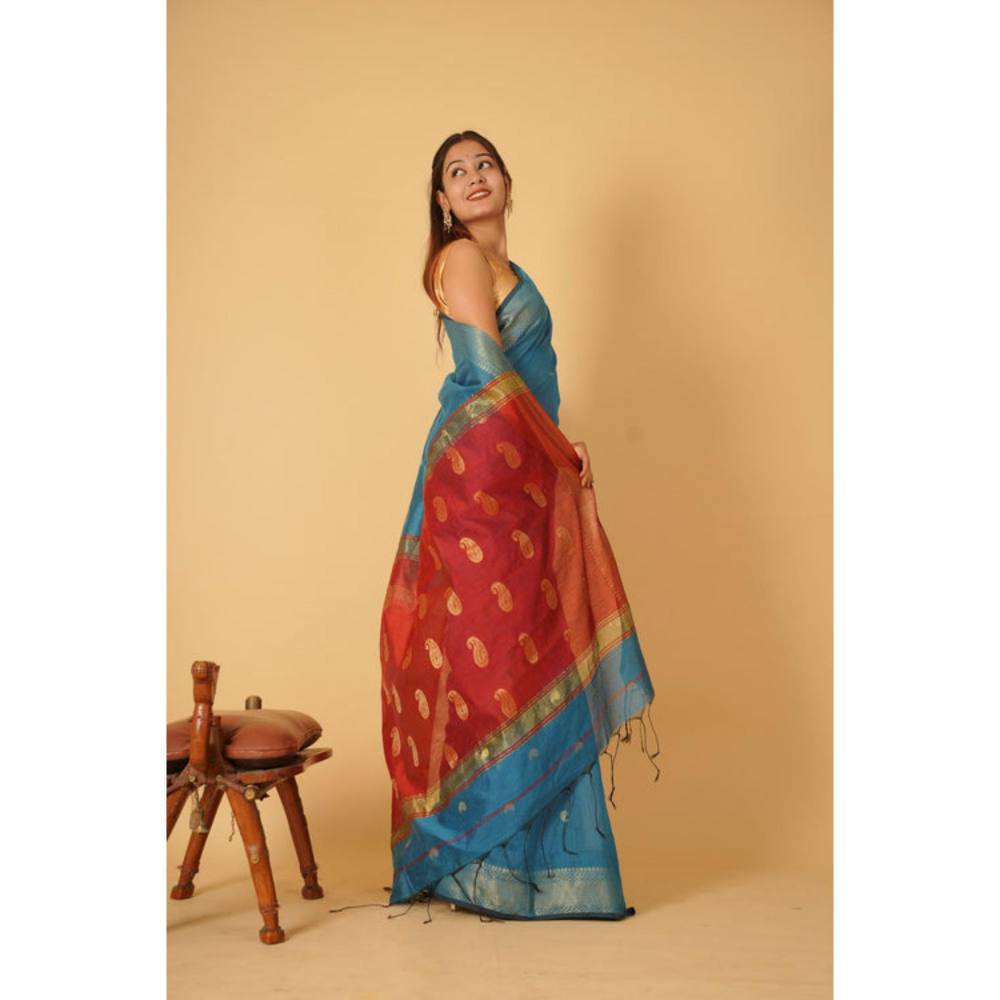 Isadora Life Womens Paisley Tassels Blue Pre-Draped Saree With Unstitched Blouse