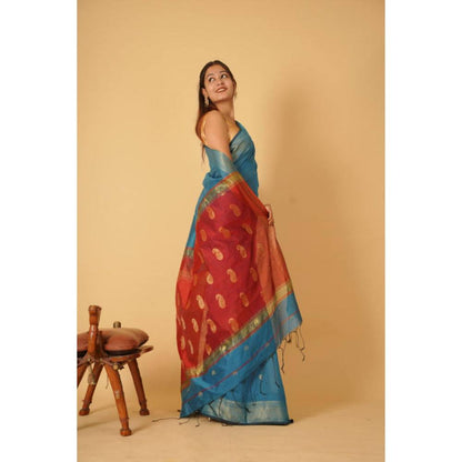Isadora Life Womens Paisley Tassels Blue Pre-Draped Saree With Unstitched Blouse
