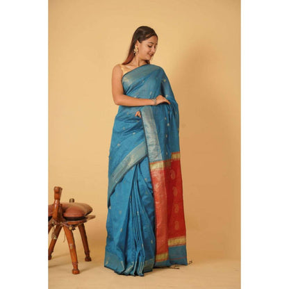 Isadora Life Womens Paisley Tassels Blue Pre-Draped Saree With Unstitched Blouse