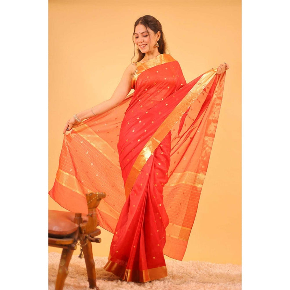 Isadora Life Womens Woven Zari Red Pre-Draped Saree With Unstitched Blouse