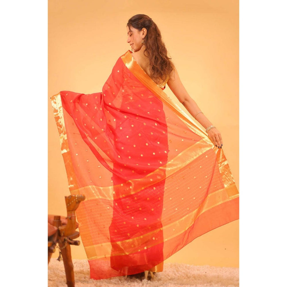 Isadora Life Womens Woven Zari Red Pre-Draped Saree With Unstitched Blouse