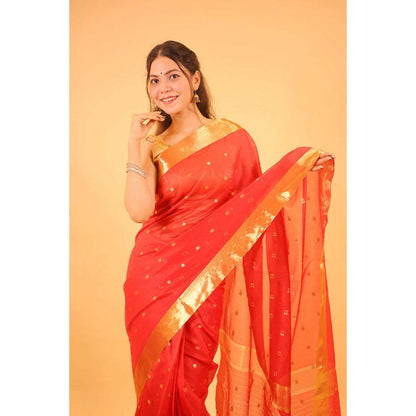 Isadora Life Womens Woven Zari Red Pre-Draped Saree With Unstitched Blouse