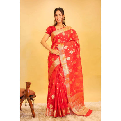 Isadora Life Womens Woven Zari Red Pre-Draped Saree With Unstitched Blouse