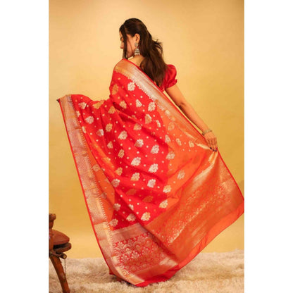 Isadora Life Womens Woven Zari Red Pre-Draped Saree With Unstitched Blouse