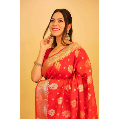Isadora Life Womens Woven Zari Red Pre-Draped Saree With Unstitched Blouse