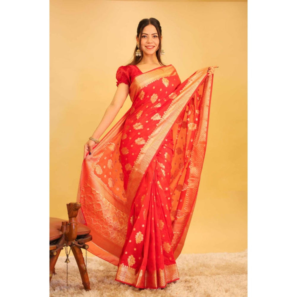 Isadora Life Womens Woven Zari Red Pre-Draped Saree With Unstitched Blouse