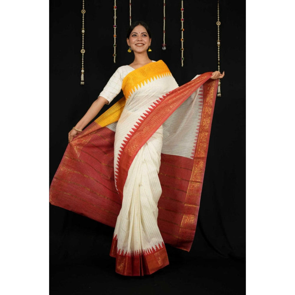 Isadora Life Womens Checks Printed White Pre-Draped Saree With Unstitched Blouse