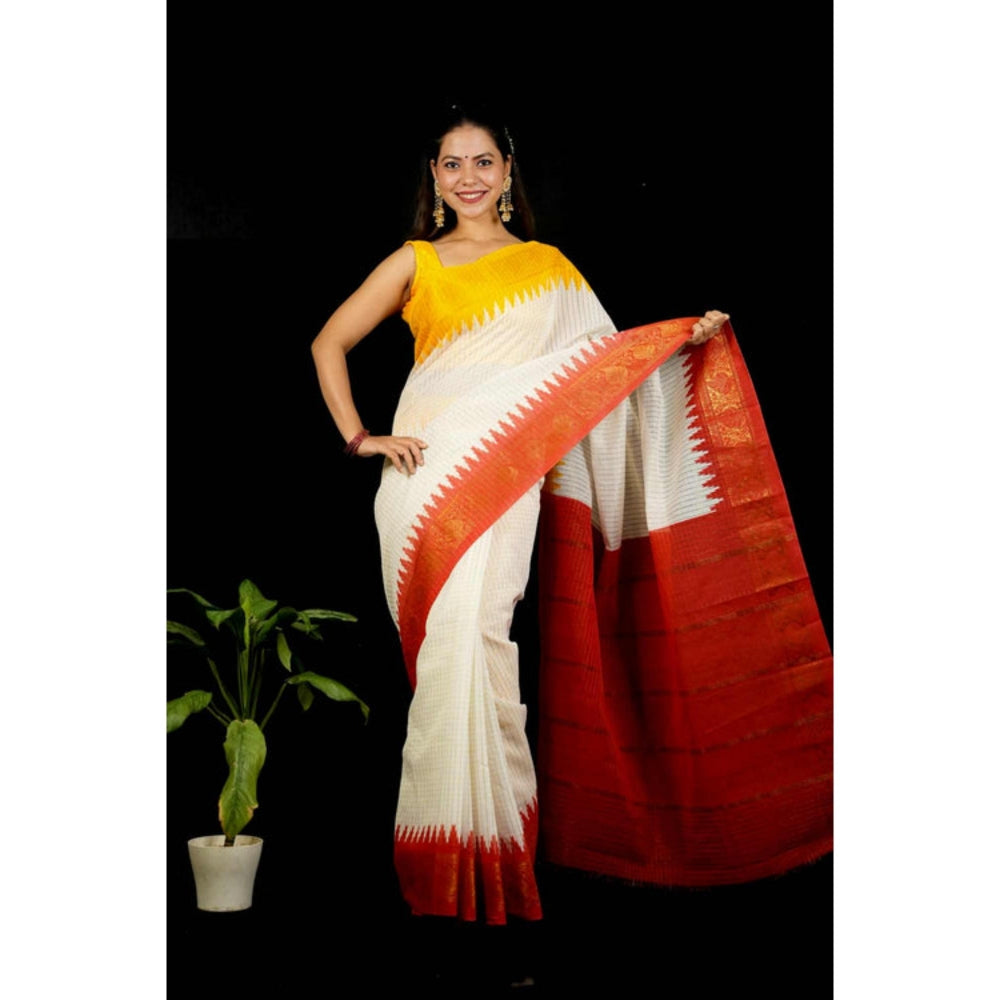 Isadora Life Womens Checks Printed White Pre-Draped Saree With Unstitched Blouse