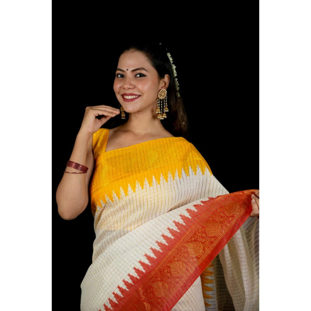 Isadora Life Womens Checks Printed White Pre-Draped Saree With Unstitched Blouse