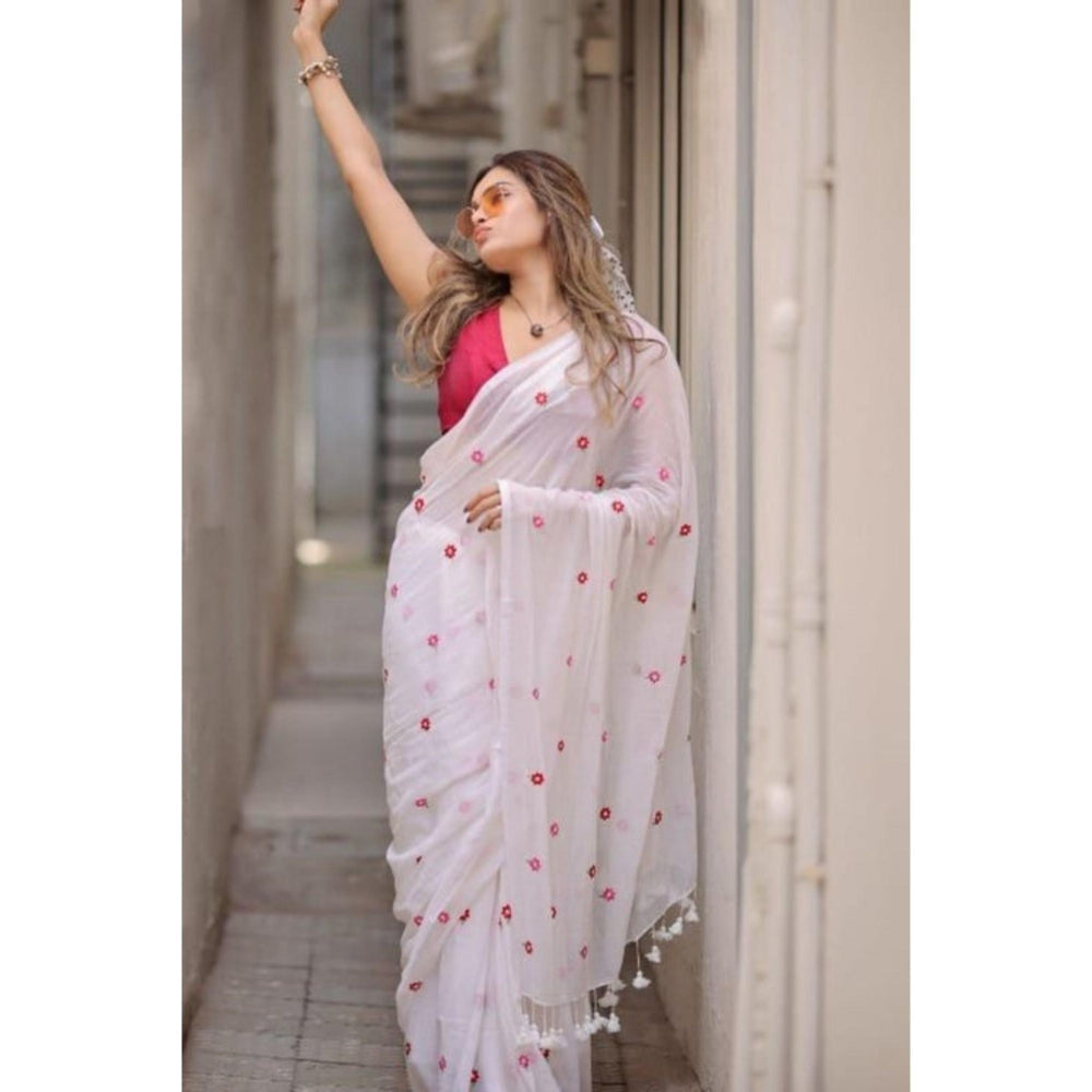 Isadora Life Womens Floral Embroidered White Pre-Draped Saree With Unstitched Blouse