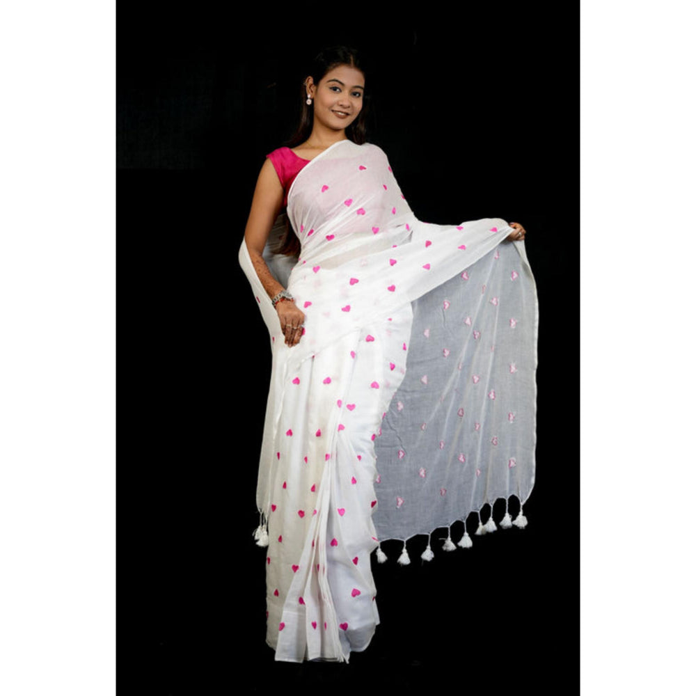 Isadora Life Womens Floral Embroidered White Pre-Draped Saree With Unstitched Blouse