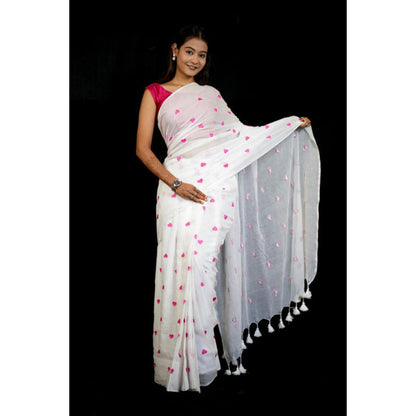 Isadora Life Womens Floral Embroidered White Pre-Draped Saree With Unstitched Blouse