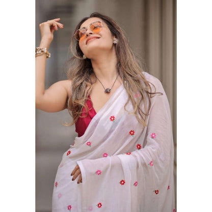 Isadora Life Womens Floral Embroidered White Pre-Draped Saree With Unstitched Blouse