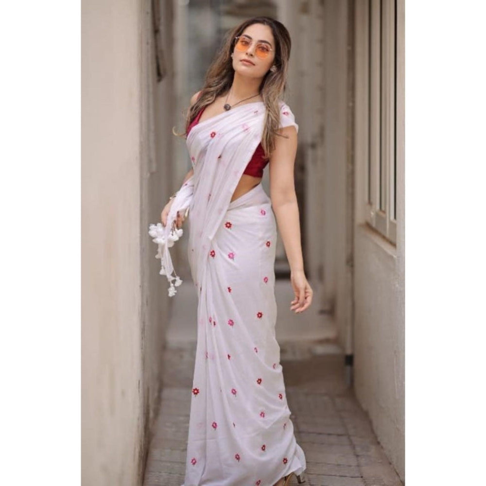 Isadora Life Womens Floral Embroidered White Pre-Draped Saree With Unstitched Blouse