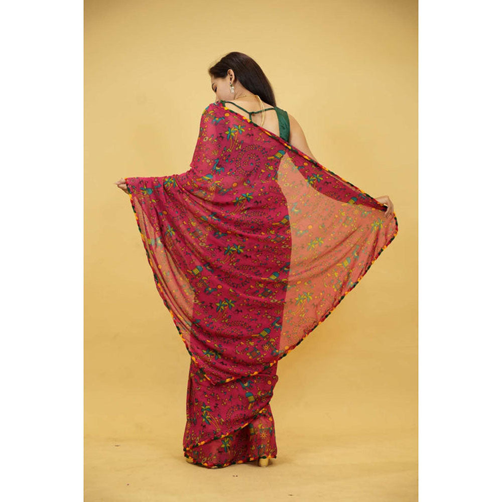 Isadora Life Womens Printed Pink Pre-Draped Saree With Unstitched Blouse