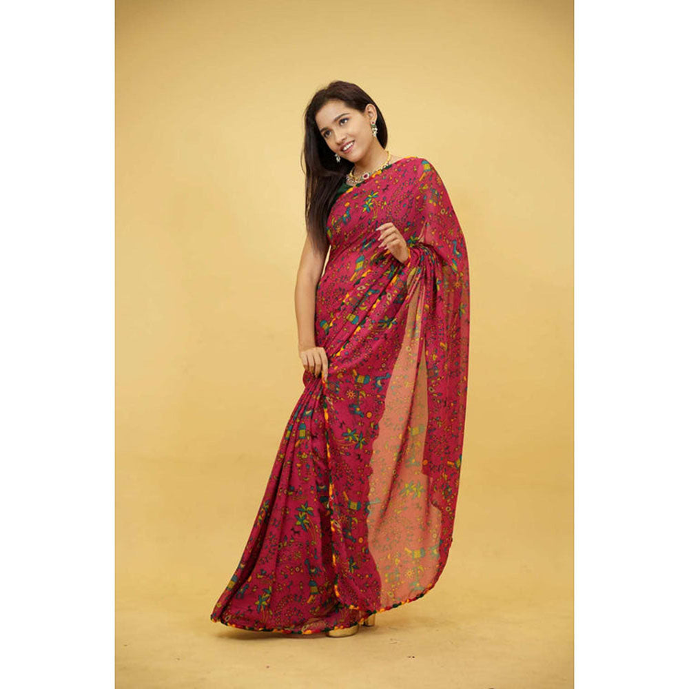 Isadora Life Womens Printed Pink Pre-Draped Saree With Unstitched Blouse