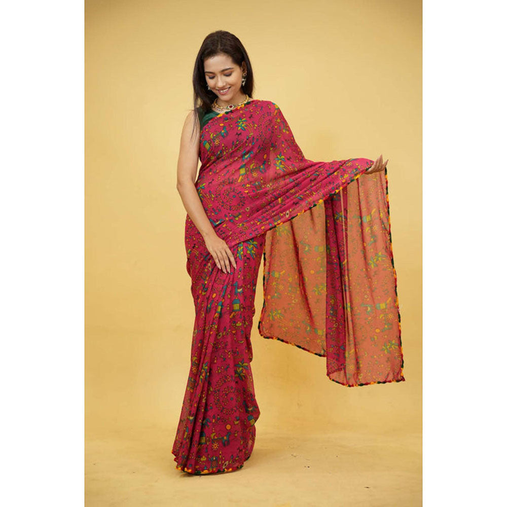 Isadora Life Womens Printed Pink Pre-Draped Saree With Unstitched Blouse