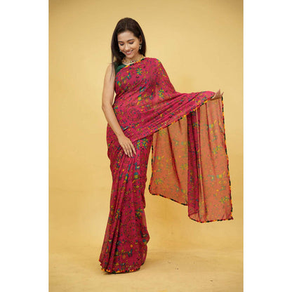 Isadora Life Womens Printed Pink Pre-Draped Saree With Unstitched Blouse