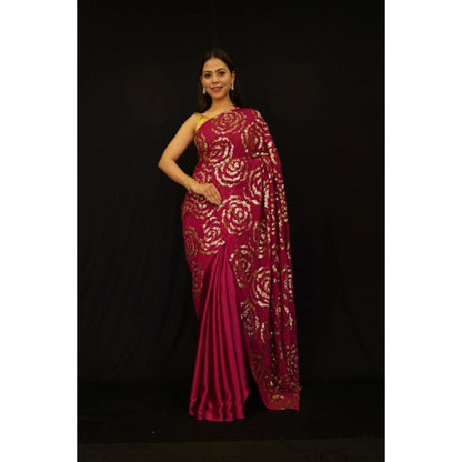 Isadora Life Womens Floral Sequined Red Pre-Draped Saree With Unstitched Blouse