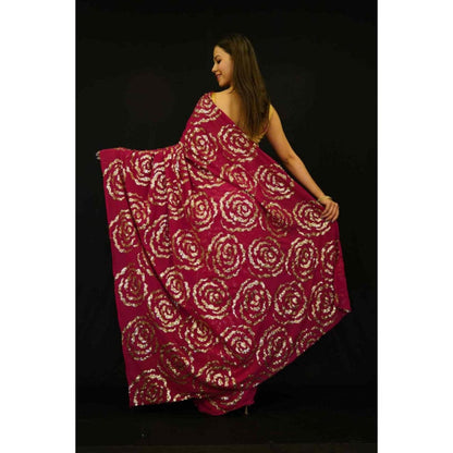 Isadora Life Womens Floral Sequined Red Pre-Draped Saree With Unstitched Blouse