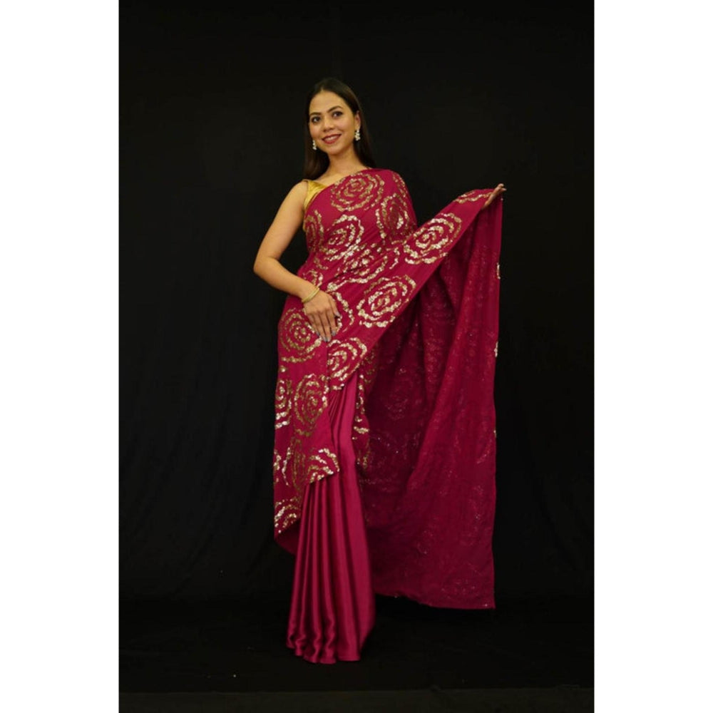 Isadora Life Womens Floral Sequined Red Pre-Draped Saree With Unstitched Blouse