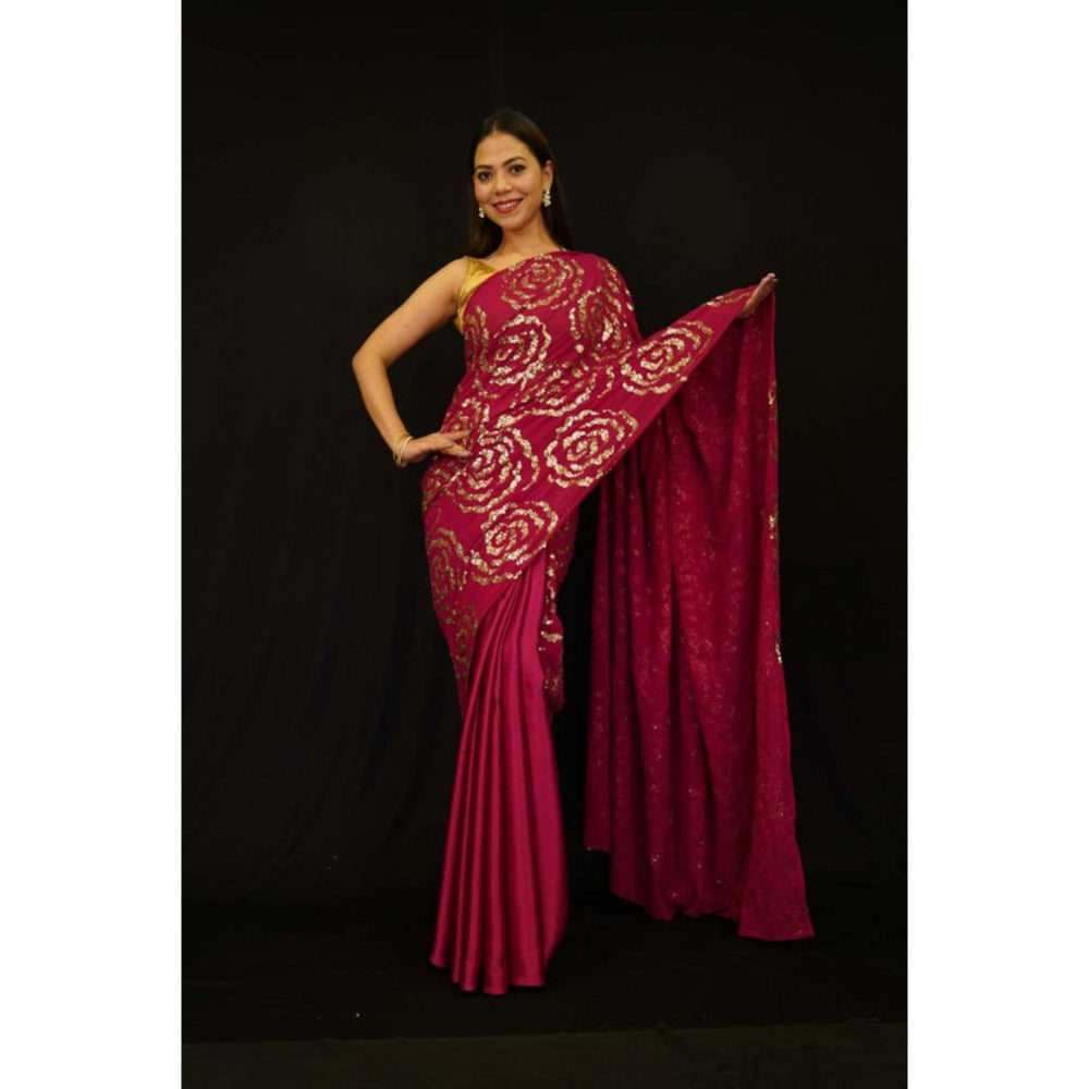 Isadora Life Womens Floral Sequined Red Pre-Draped Saree With Unstitched Blouse