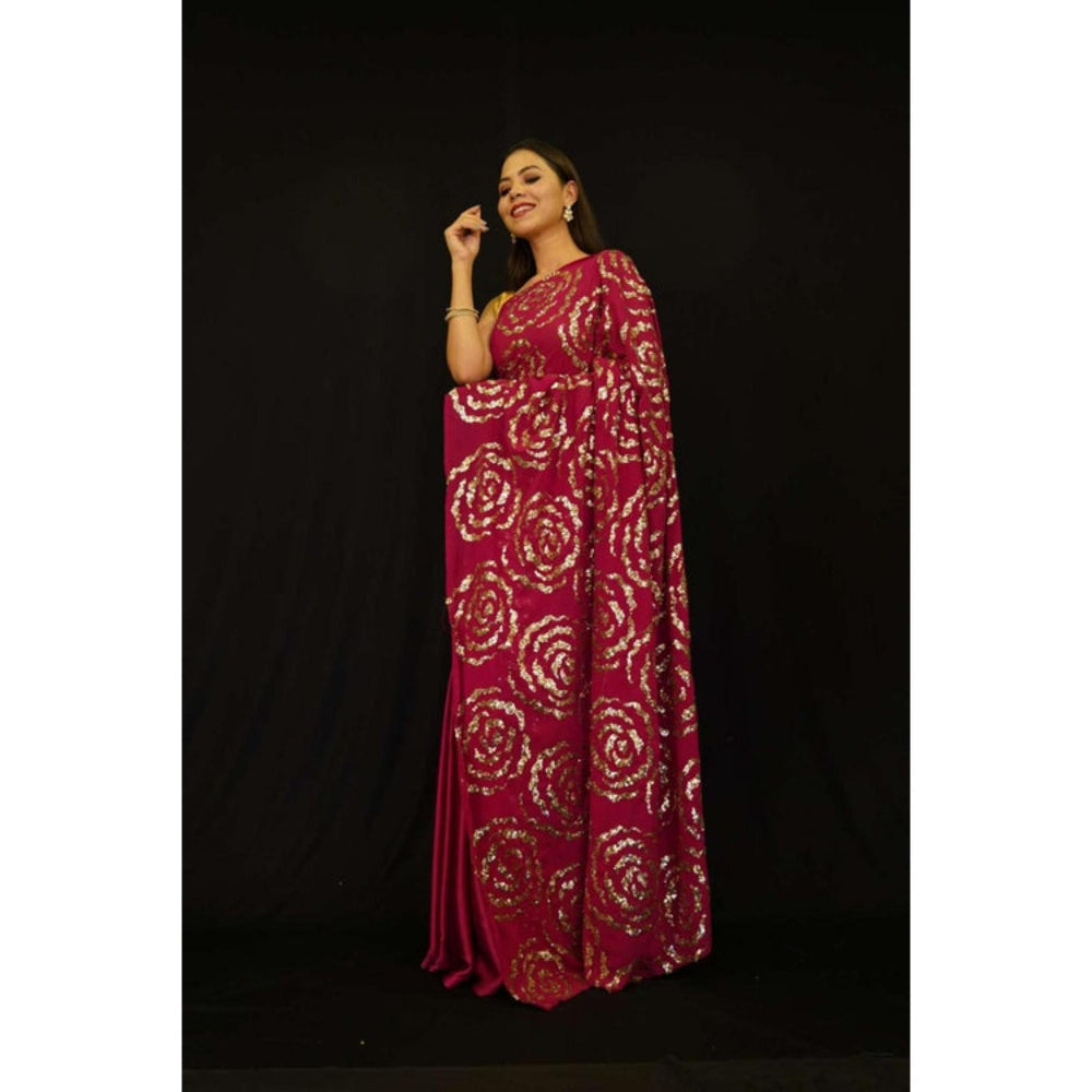 Isadora Life Womens Floral Sequined Red Pre-Draped Saree With Unstitched Blouse