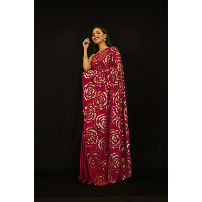 Isadora Life Womens Floral Sequined Red Pre-Draped Saree With Unstitched Blouse