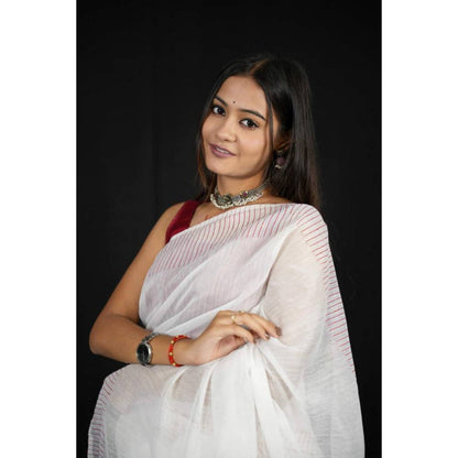Isadora Life Womens Stripes Tassels White Pre-Draped Saree With Unstitched Blouse