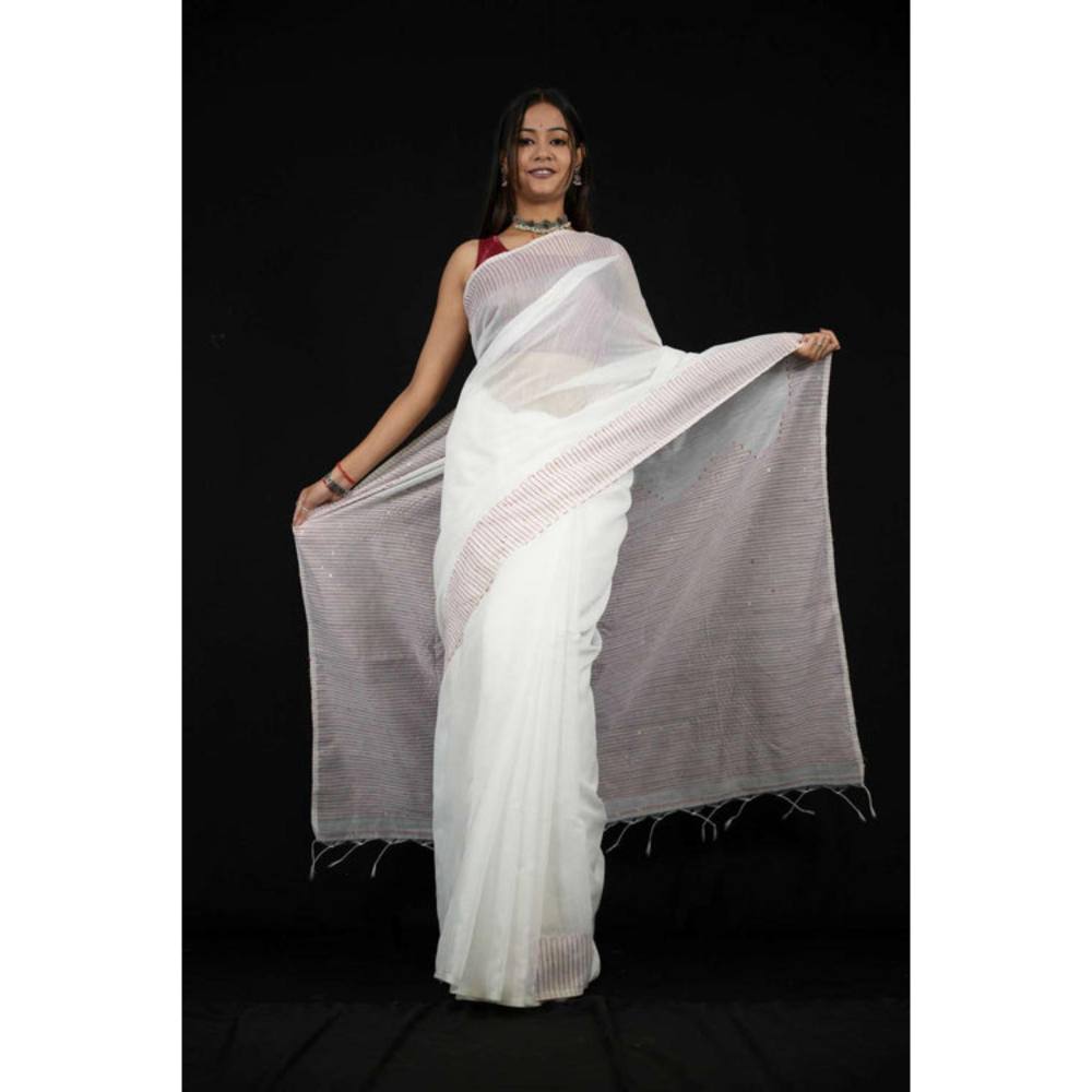 Isadora Life Womens Stripes Tassels White Pre-Draped Saree With Unstitched Blouse