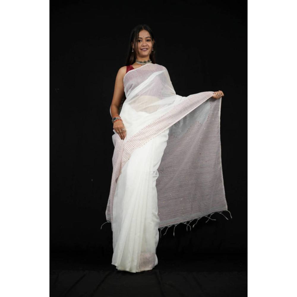 Isadora Life Womens Stripes Tassels White Pre-Draped Saree With Unstitched Blouse