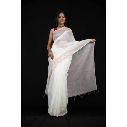 Isadora Life Womens Stripes Tassels White Pre-Draped Saree With Unstitched Blouse