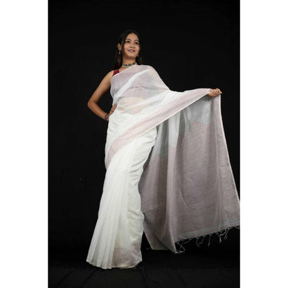 Isadora Life Womens Stripes Tassels White Pre-Draped Saree With Unstitched Blouse