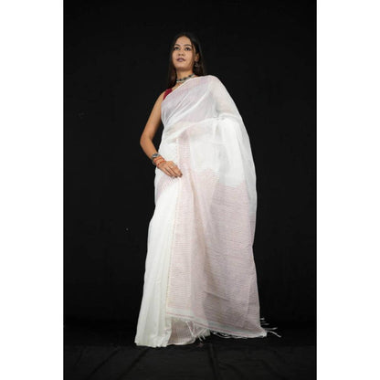 Isadora Life Womens Stripes Tassels White Pre-Draped Saree With Unstitched Blouse