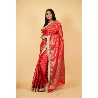 Isadora Life Womens Stripes Embroidered Red Pre-Draped Saree With Unstitched Blouse