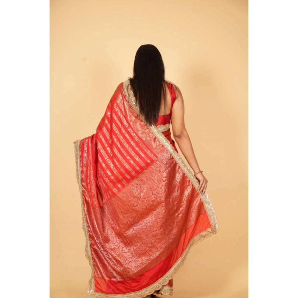 Isadora Life Womens Stripes Embroidered Red Pre-Draped Saree With Unstitched Blouse