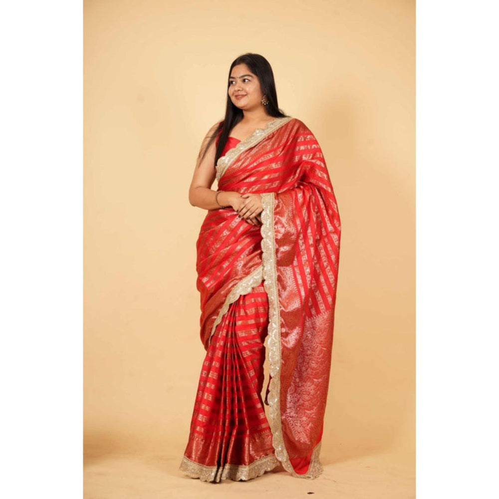 Isadora Life Womens Stripes Embroidered Red Pre-Draped Saree With Unstitched Blouse