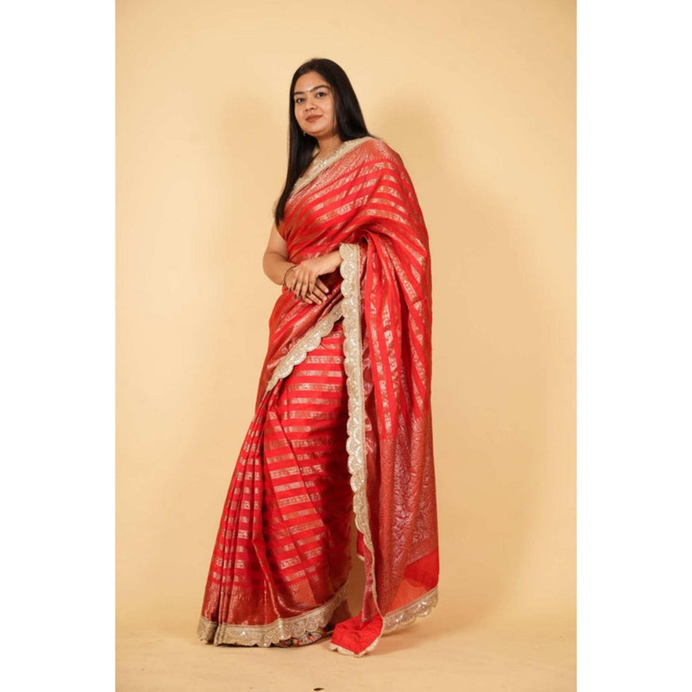 Isadora Life Womens Stripes Embroidered Red Pre-Draped Saree With Unstitched Blouse