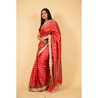 Isadora Life Womens Stripes Embroidered Red Pre-Draped Saree With Unstitched Blouse