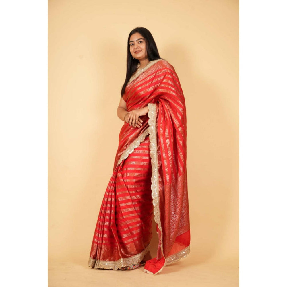 Isadora Life Womens Stripes Embroidered Red Pre-Draped Saree With Unstitched Blouse