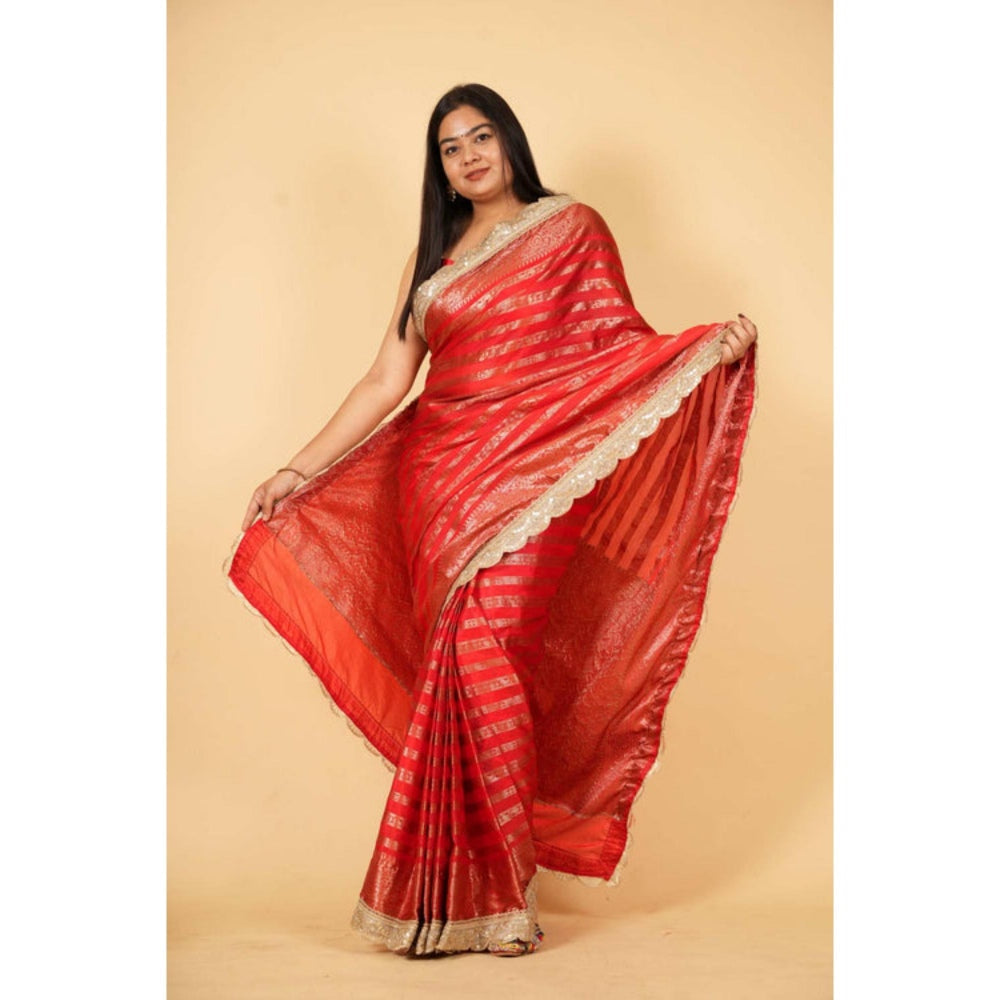 Isadora Life Womens Stripes Embroidered Red Pre-Draped Saree With Unstitched Blouse