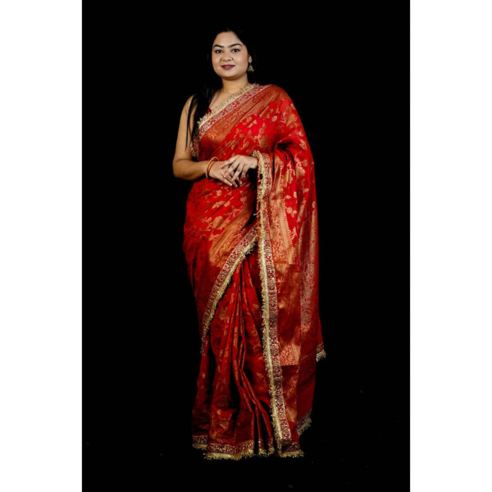 Isadora Life Womens Woven Sequined Red Pre-Draped Saree With Unstitched Blouse
